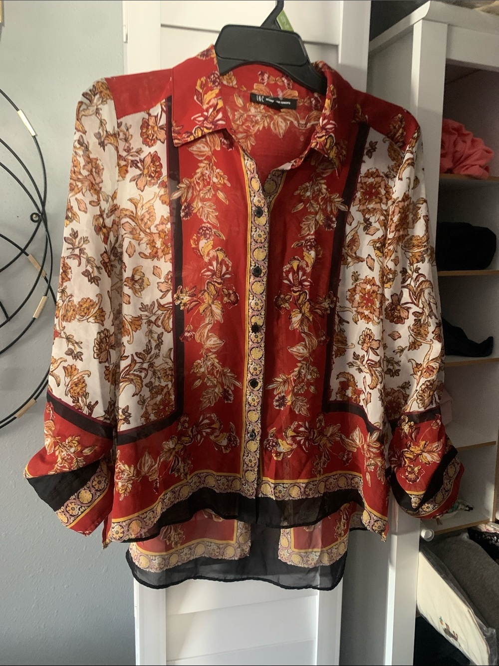 INC International Concepts Red and Cream Floral Button-Front Blouse